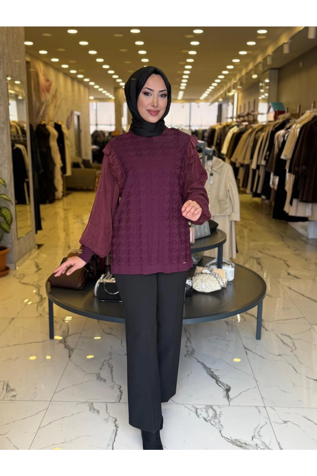 NİLİWİ-KOL EVİ KARE KESİMLİ FIRFIRLI TUNİK BORDO