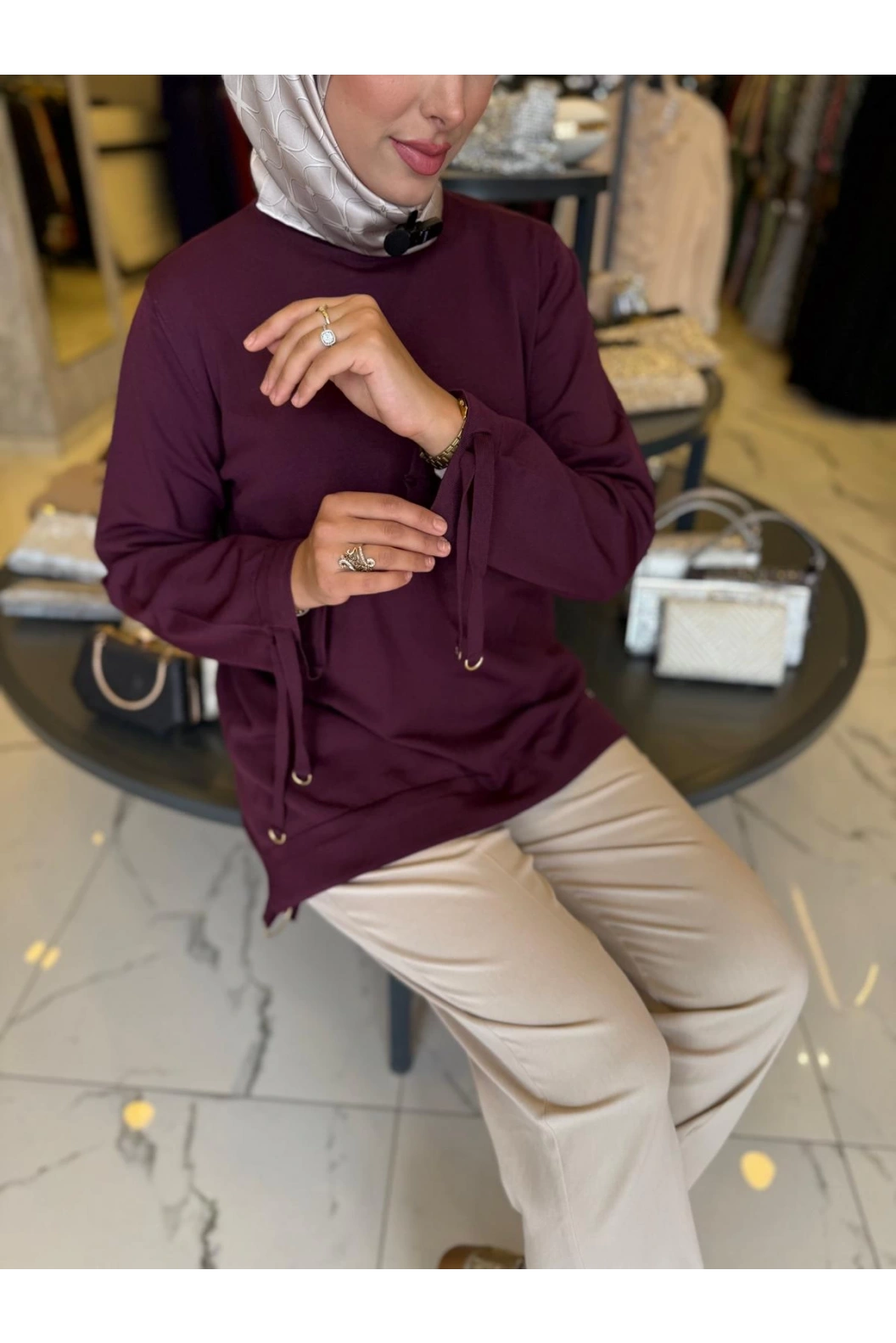 NİLİWİ-ÖN ETEĞİ BÜZGÜLÜ TUNİK BORDO