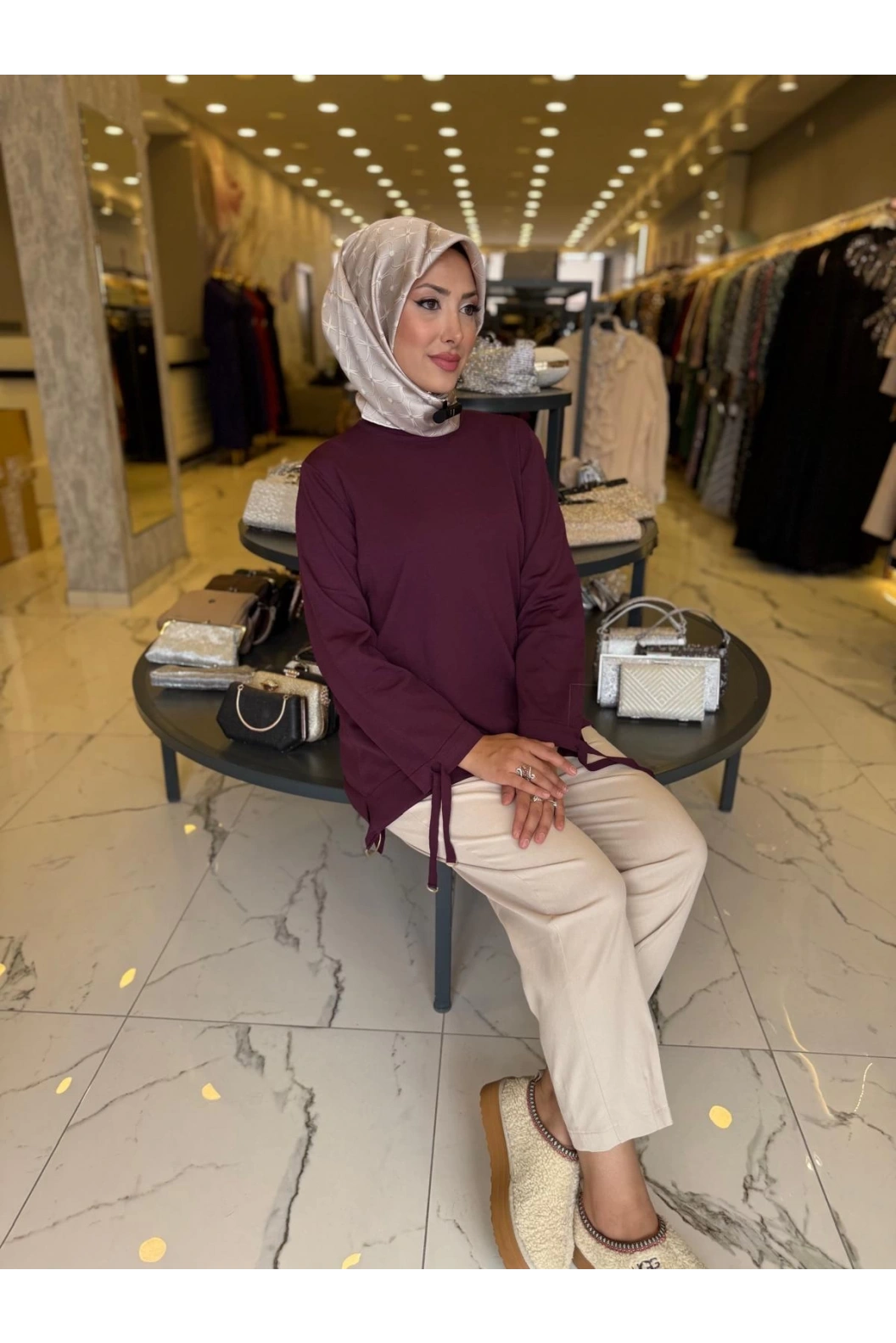 NİLİWİ-ÖN ETEĞİ BÜZGÜLÜ TUNİK BORDO