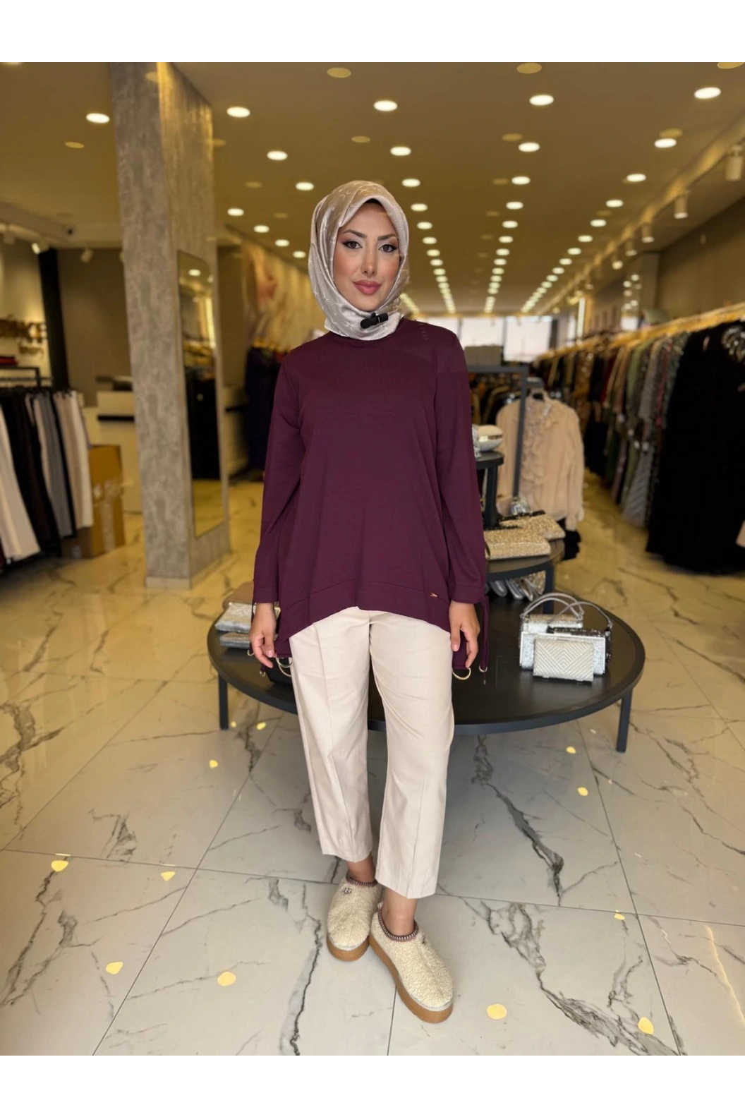 NİLİWİ-ÖN ETEĞİ BÜZGÜLÜ TUNİK BORDO