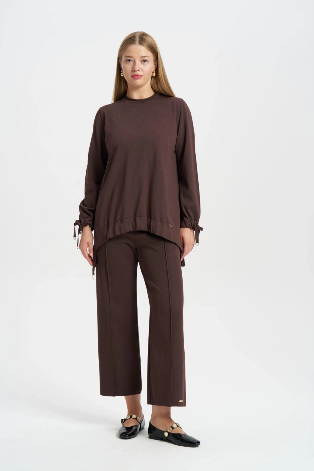 NİLİWİ-ÖN ETEĞİ BÜZGÜLÜ TUNİK KAHVE