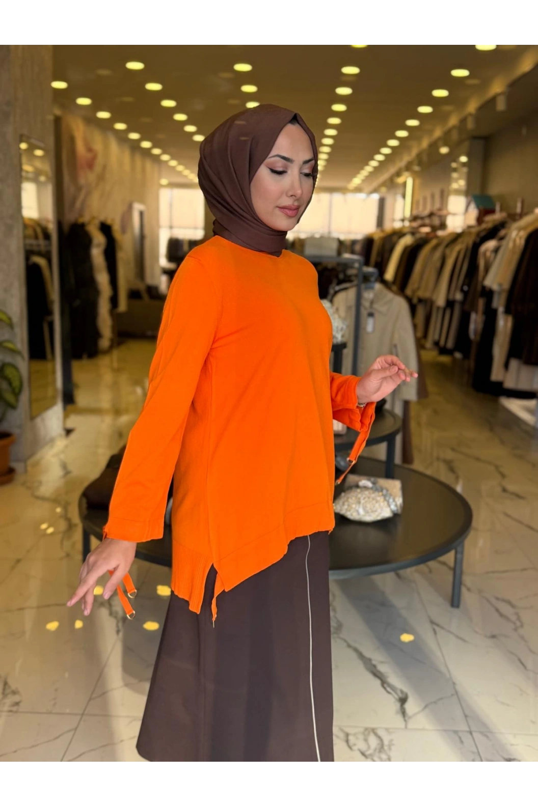 NİLİWİ-ÖN ETEĞİ BÜZGÜLÜ TUNİK TURUNCU