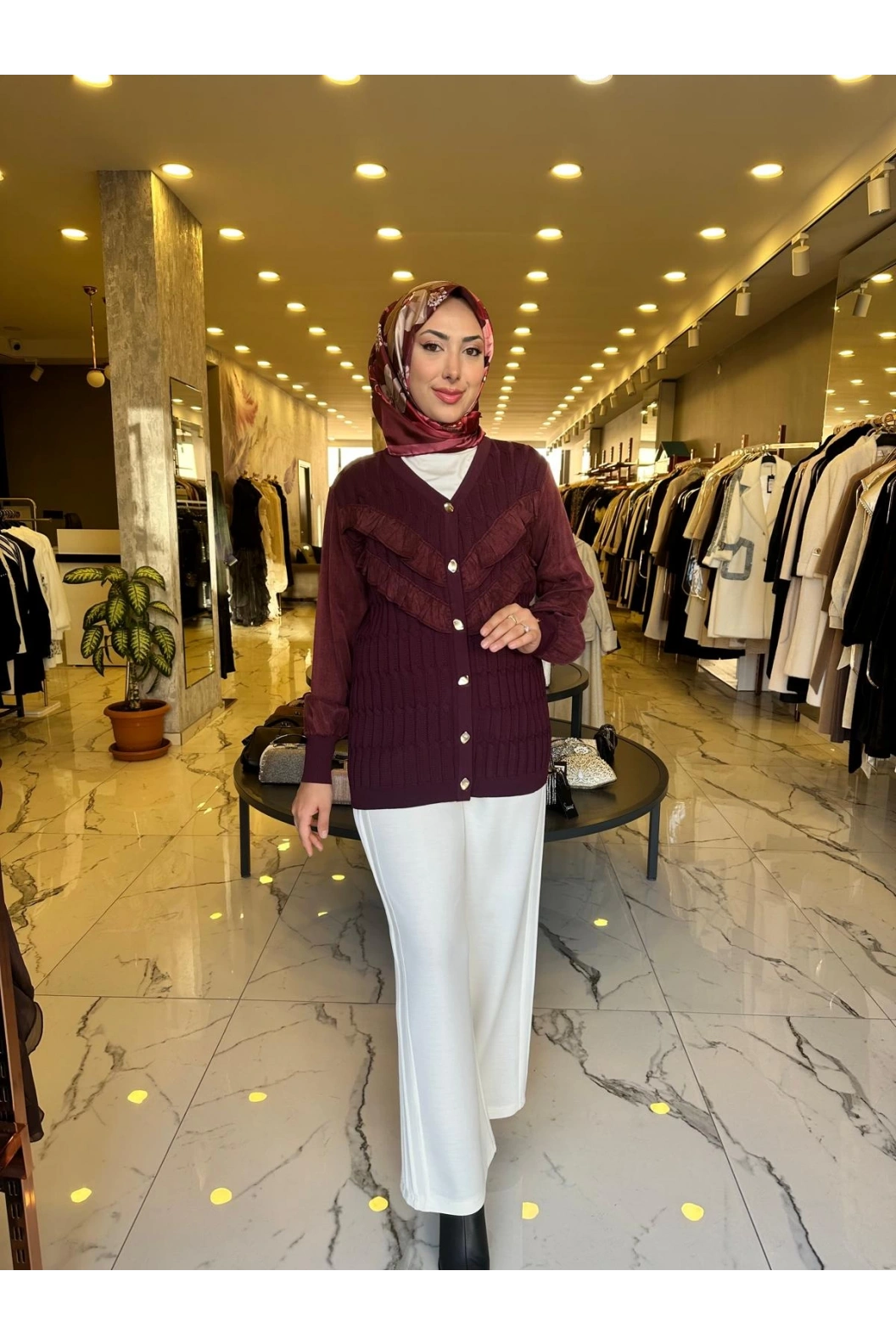 NİLİWİ-V YAKA FIRFIRLI HIRKA BORDO