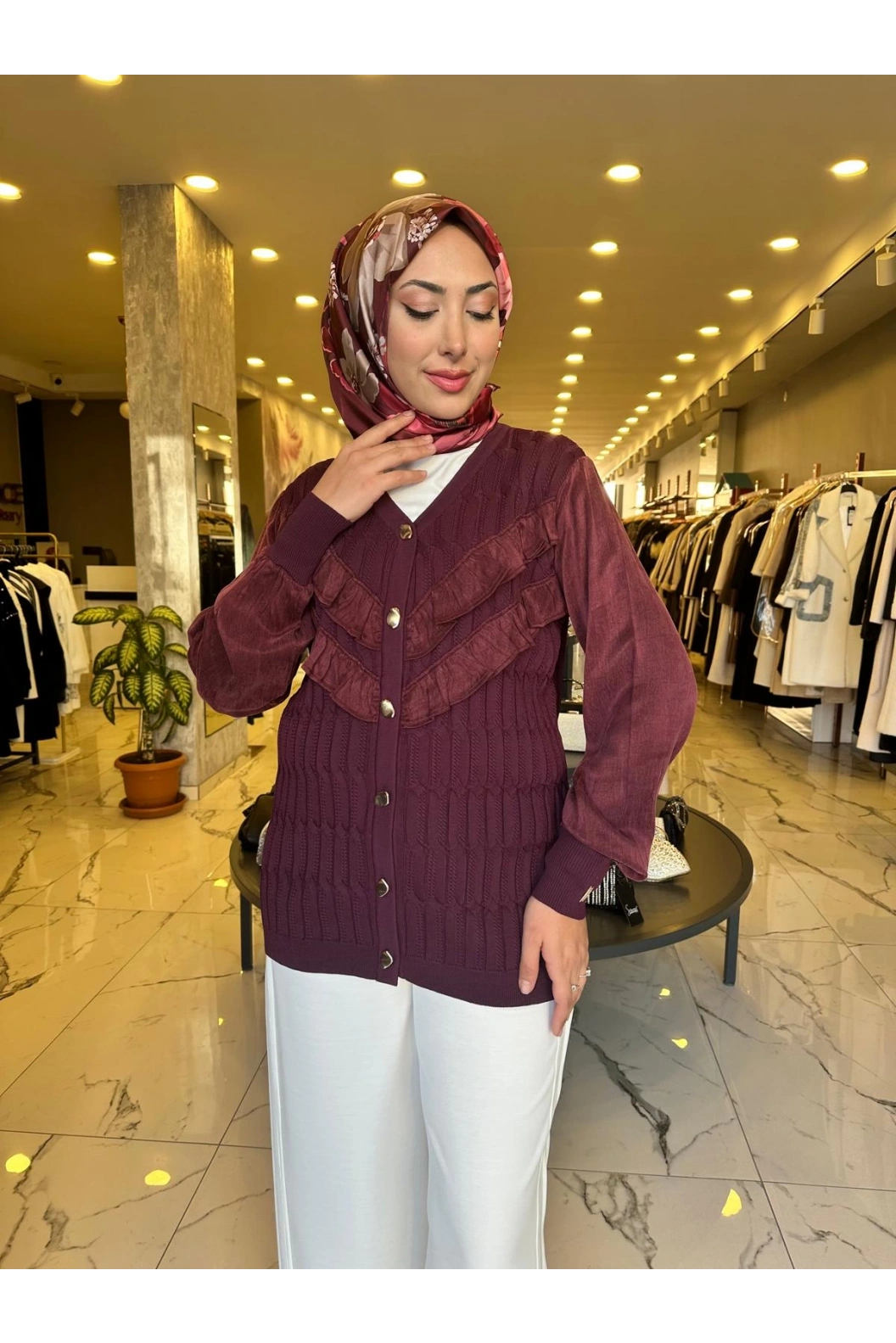 NİLİWİ-V YAKA FIRFIRLI HIRKA BORDO