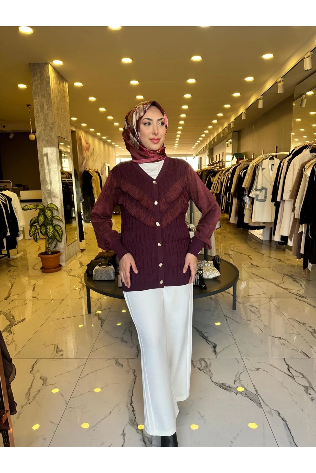 NİLİWİ-V YAKA FIRFIRLI HIRKA BORDO