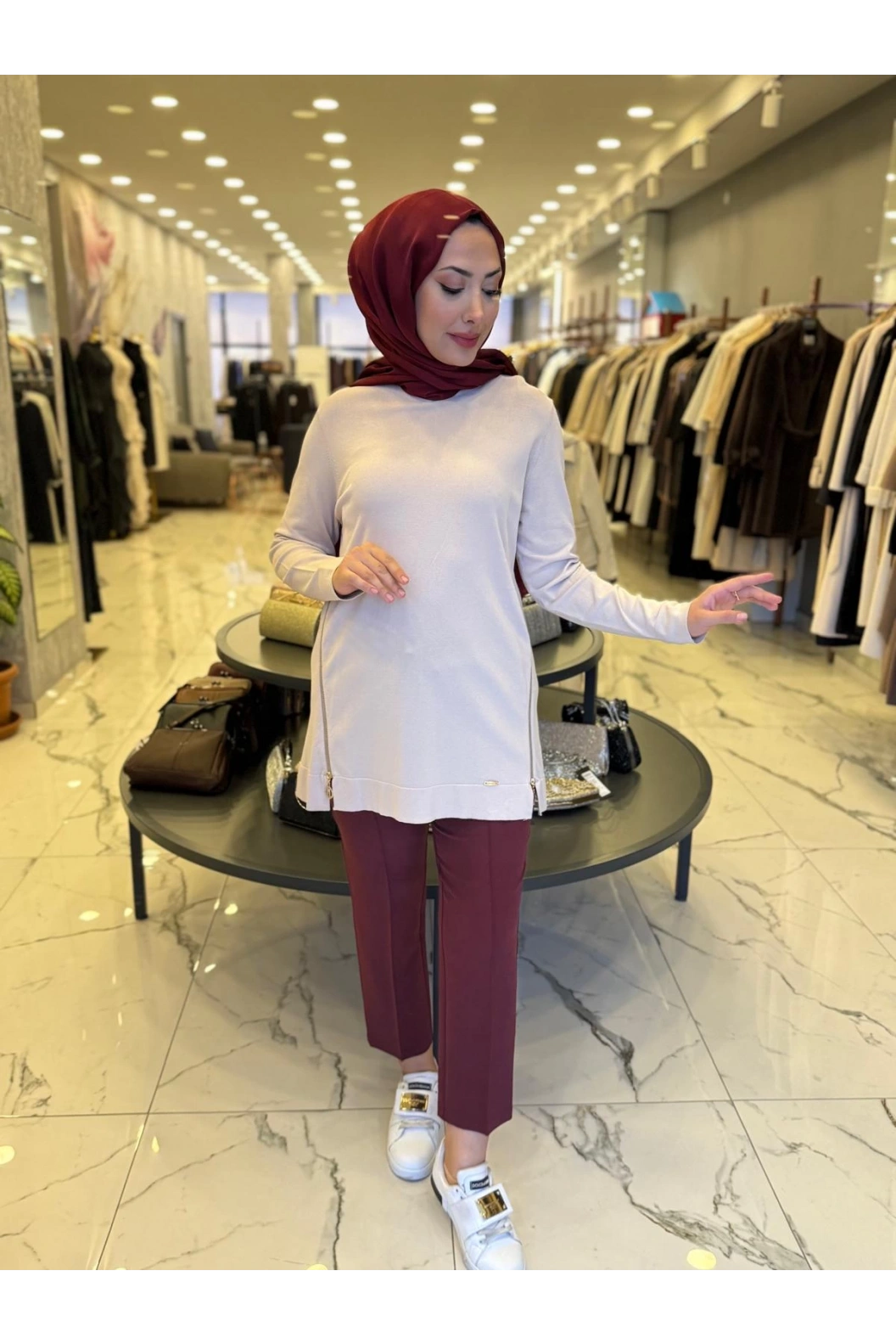 NİLİWİ-YANLARI FERMUARLI TUNİK BEJ