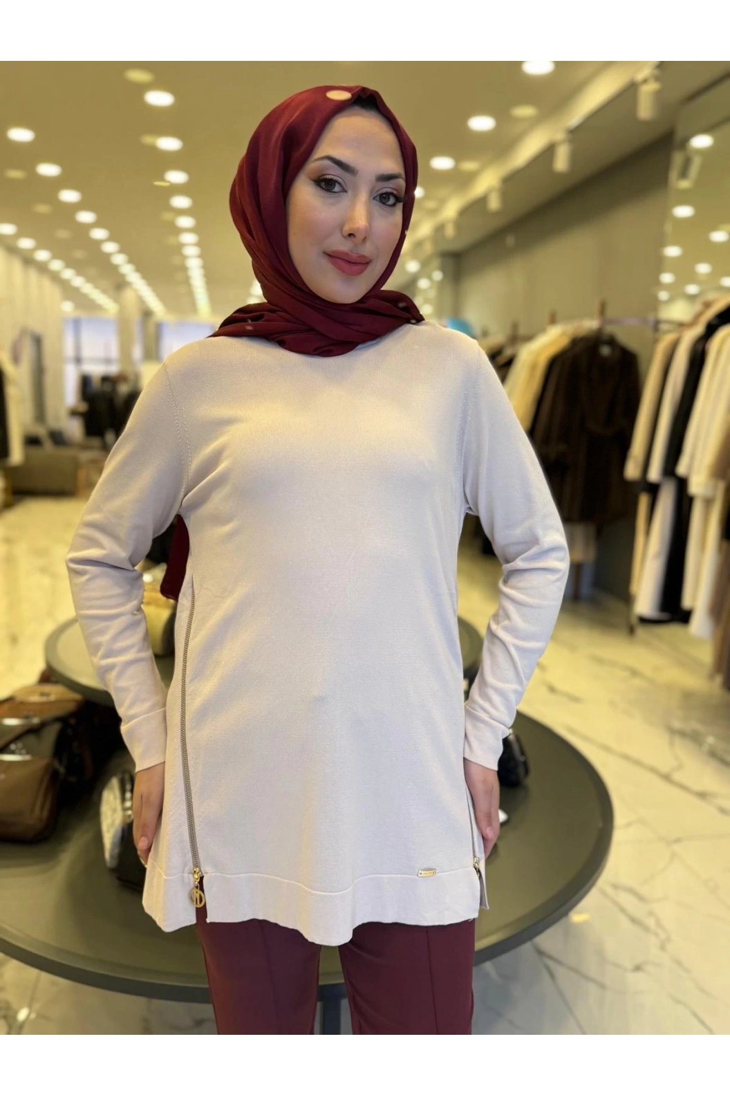 NİLİWİ-YANLARI FERMUARLI TUNİK BEJ