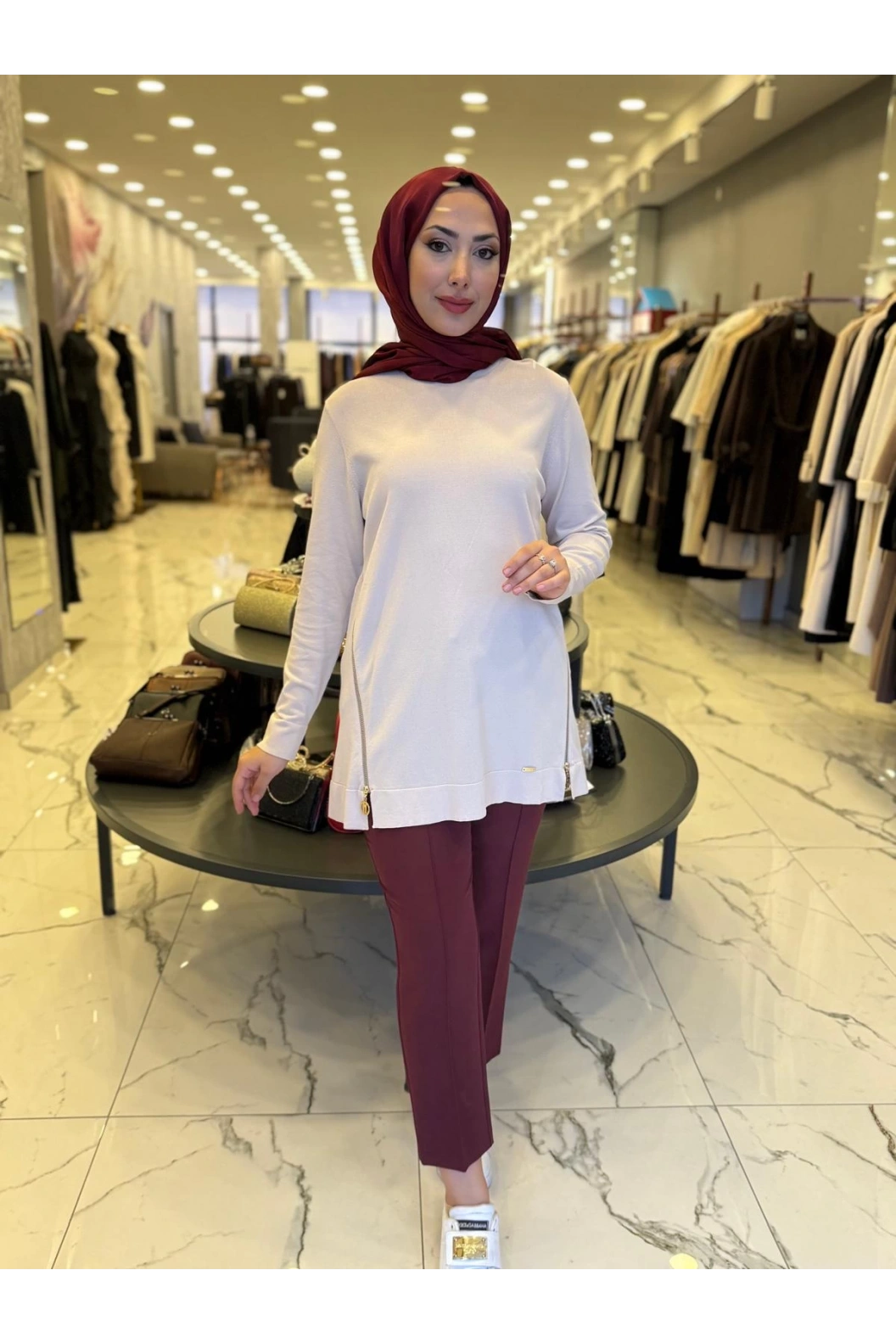 NİLİWİ-YANLARI FERMUARLI TUNİK BEJ