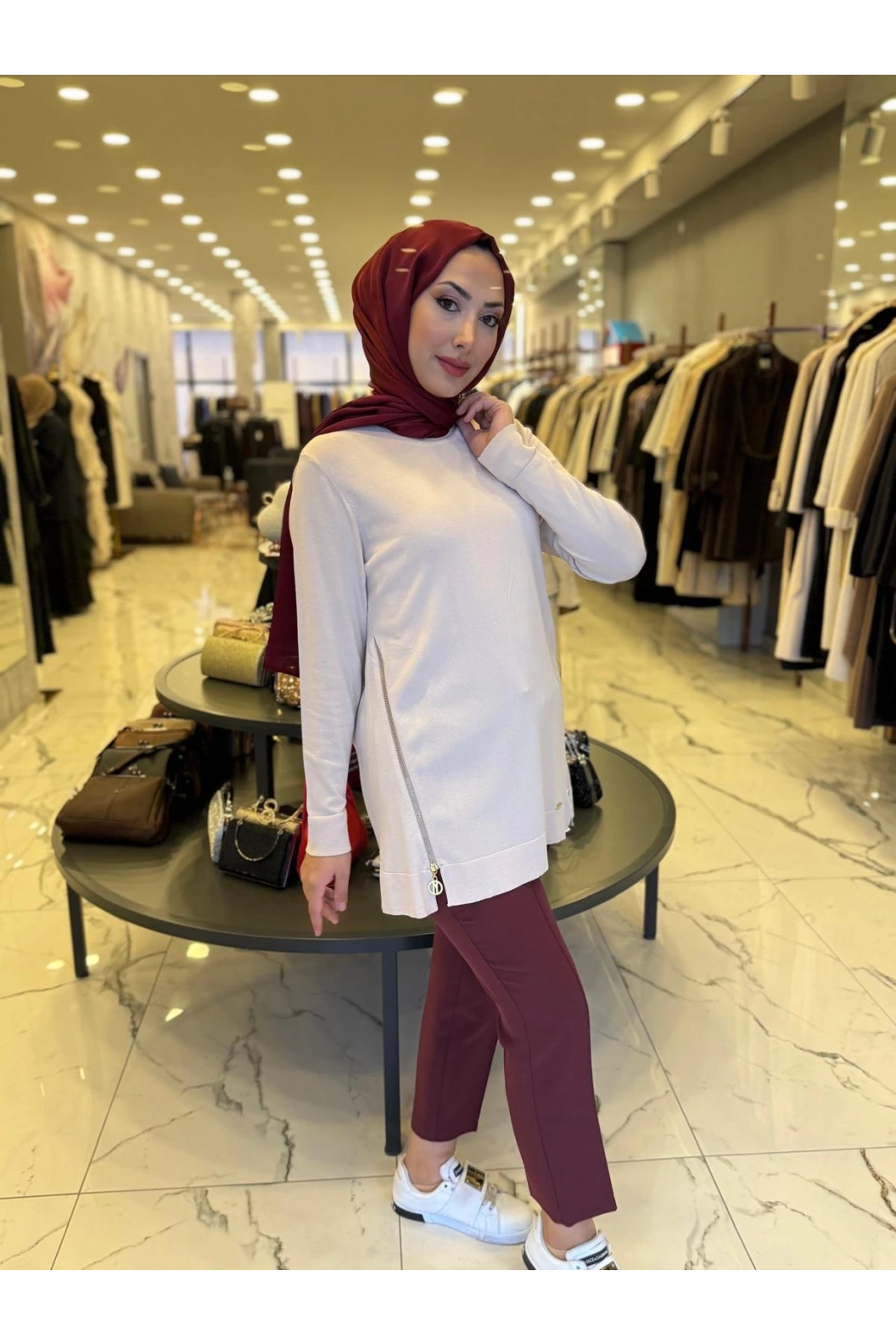 NİLİWİ-YANLARI FERMUARLI TUNİK BEJ