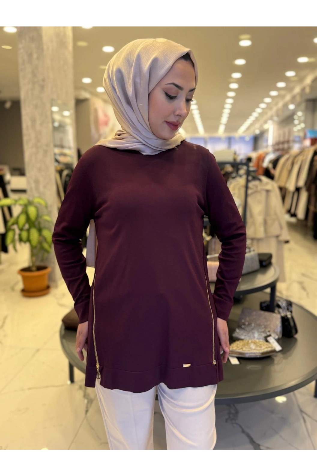 NİLİWİ-YANLARI FERMUARLI TUNİK BORDO