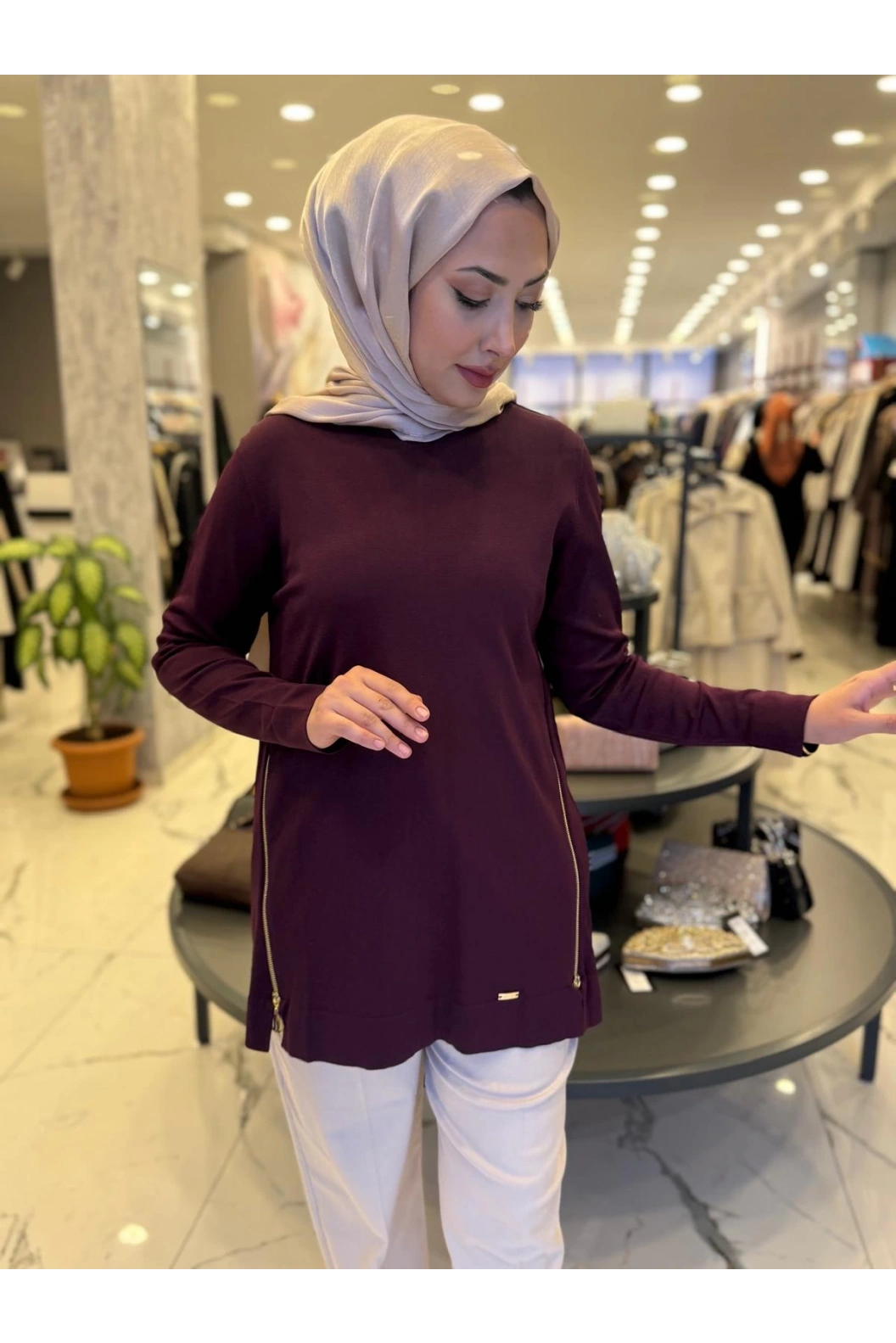 NİLİWİ-YANLARI FERMUARLI TUNİK BORDO