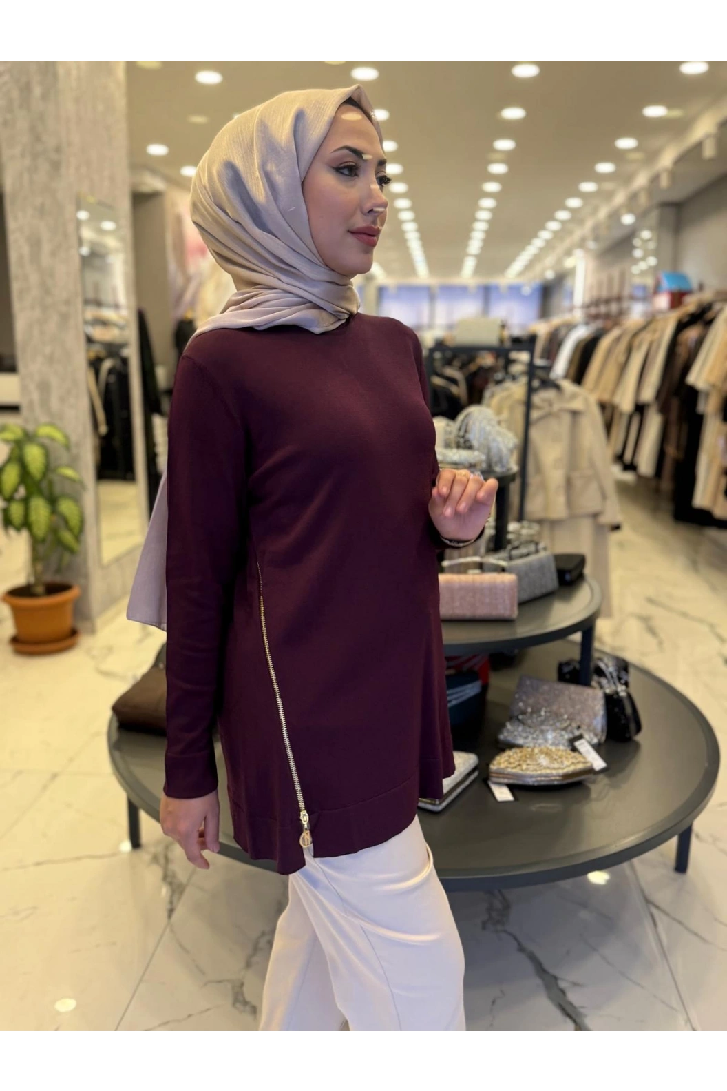 NİLİWİ-YANLARI FERMUARLI TUNİK BORDO