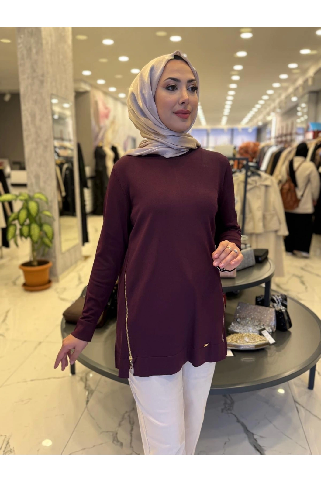 NİLİWİ-YANLARI FERMUARLI TUNİK BORDO