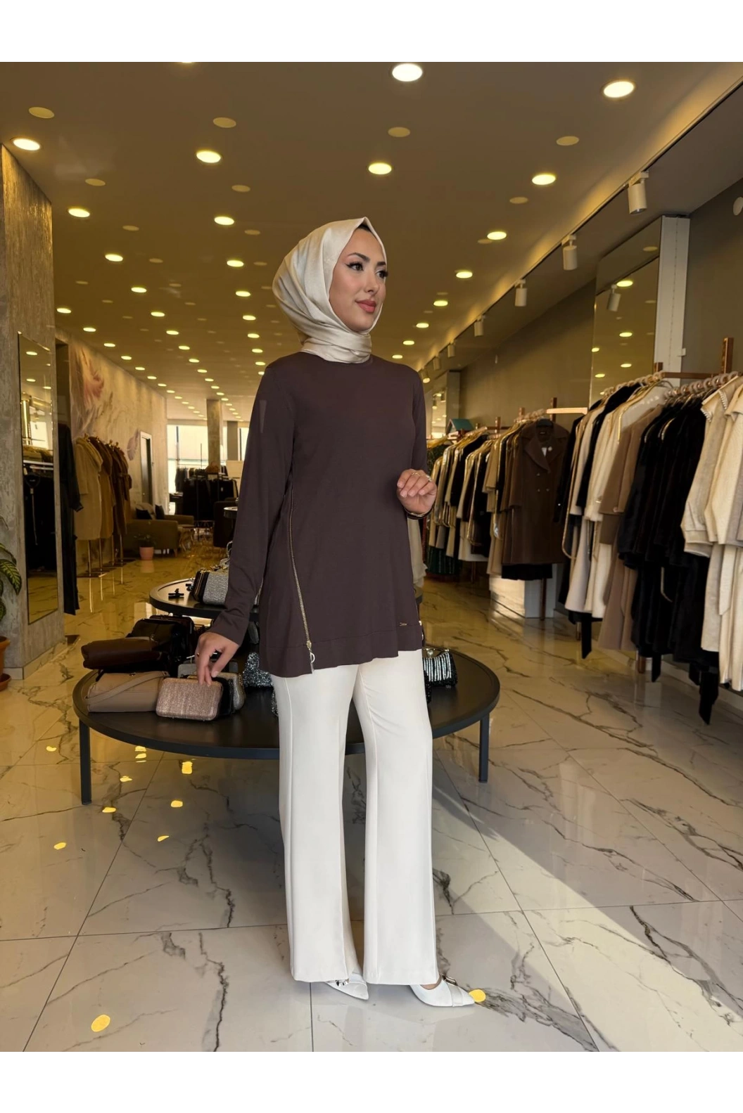 NİLİWİ-YANLARI FERMUARLI TUNİK KAHVE