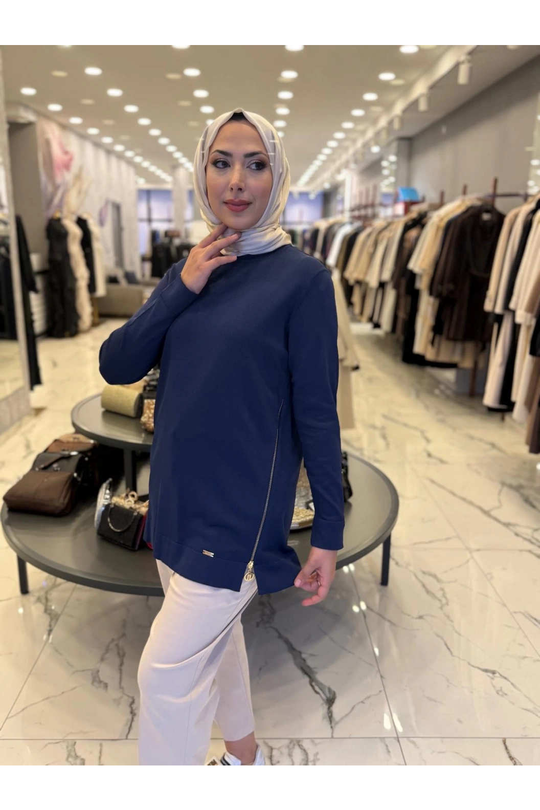 NİLİWİ-YANLARI FERMUARLI TUNİK LACİVERT