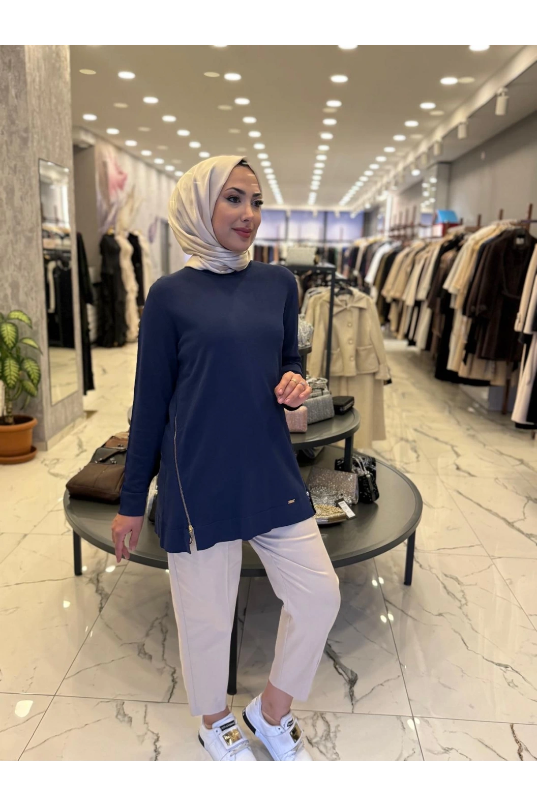 NİLİWİ-YANLARI FERMUARLI TUNİK LACİVERT