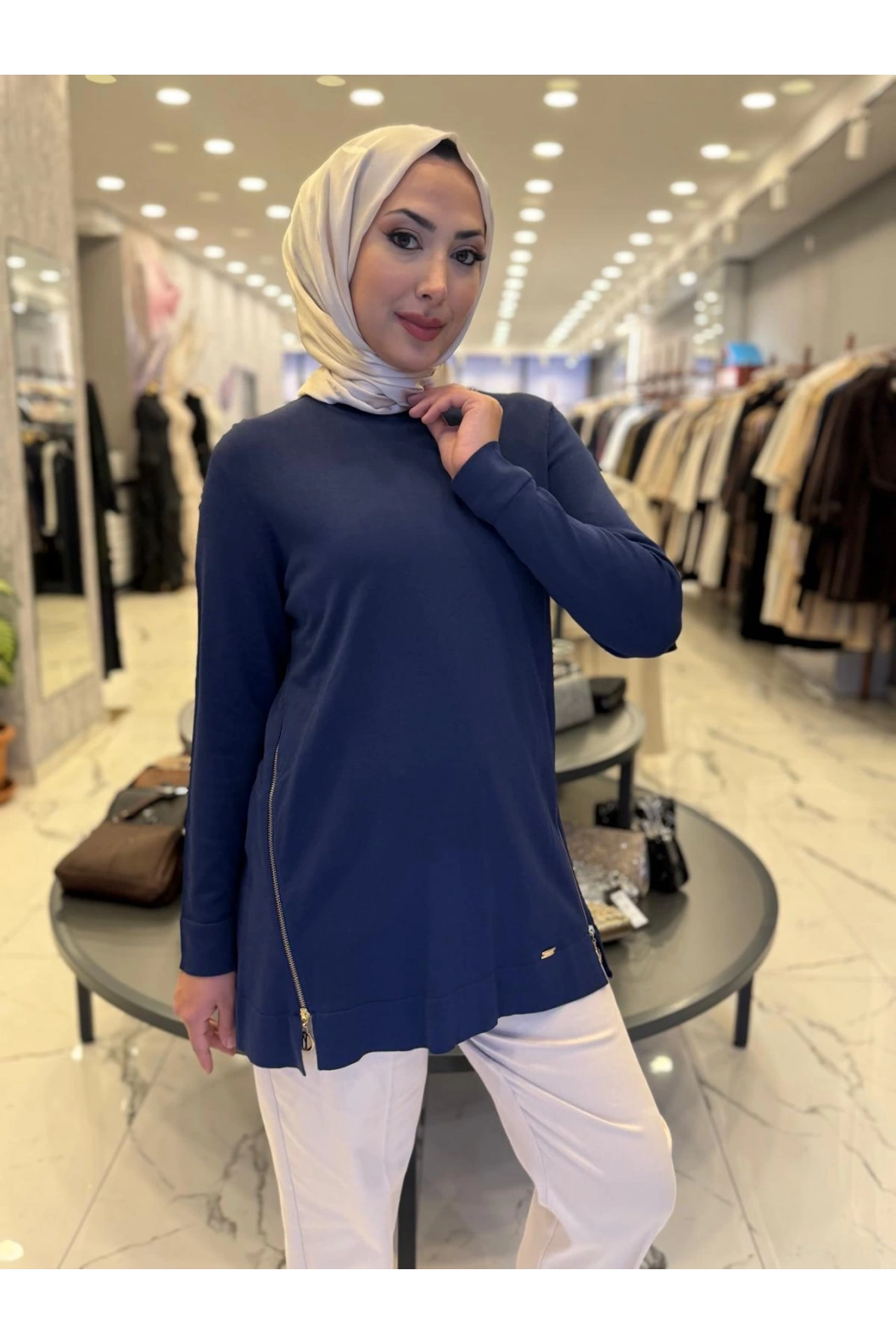 NİLİWİ-YANLARI FERMUARLI TUNİK LACİVERT