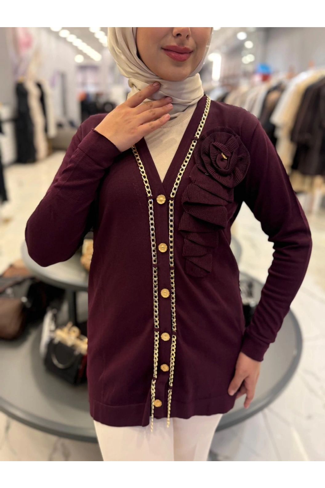 NİLİWİ-ZİNCİR DETAYLI HIRKA BORDO