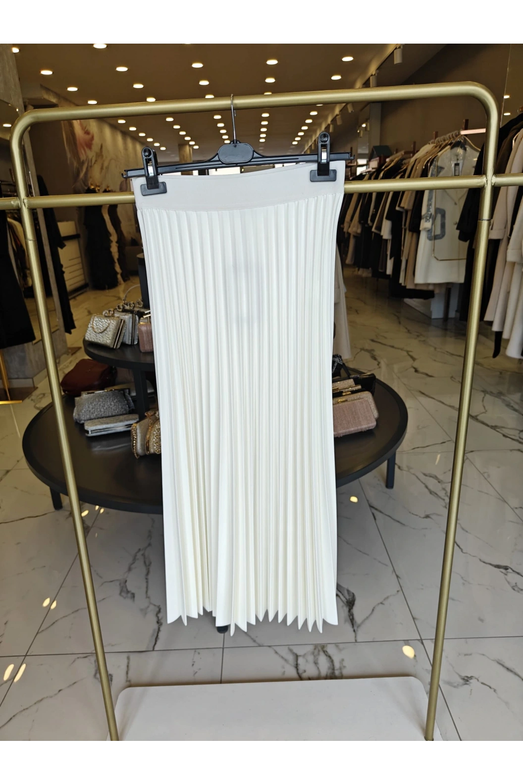 SENTEZ-BELİ LASTİKLİ PİLİSELİ ETEK EKRU