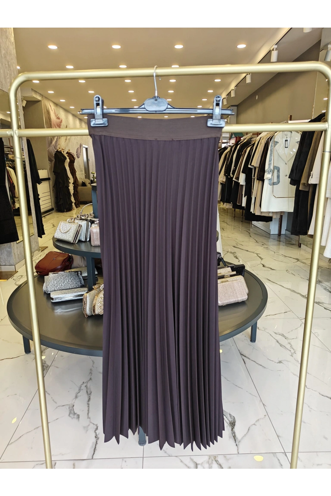 SENTEZ-BELİ LASTİKLİ PİLİSELİ ETEK KAHVE