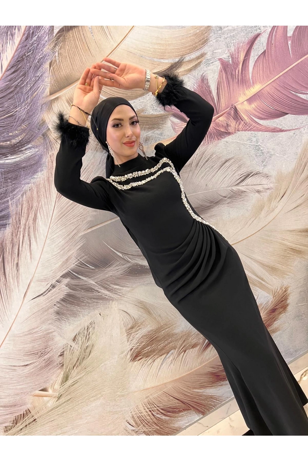 TUAY-TAŞLI BALIK ELBİSE SİYAH