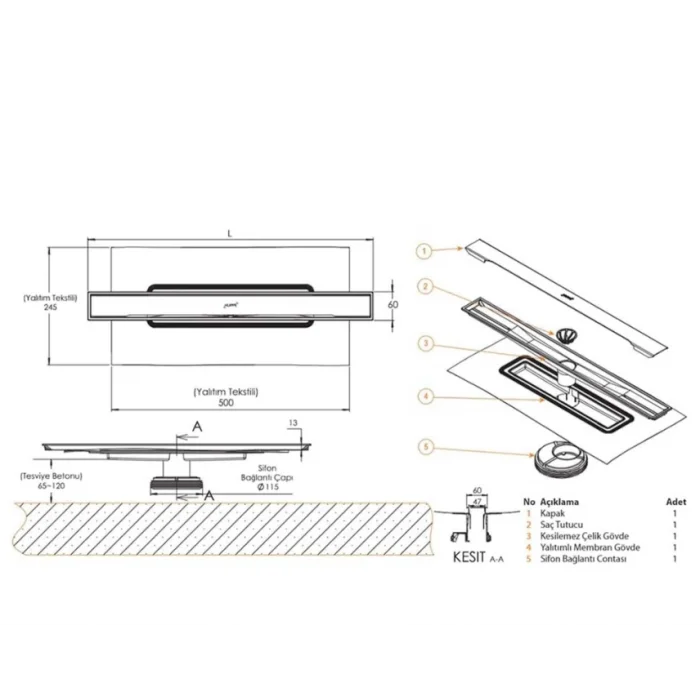 HÜPPE Galata A Duş Kanalı P. Altn Yndn 60 Cm