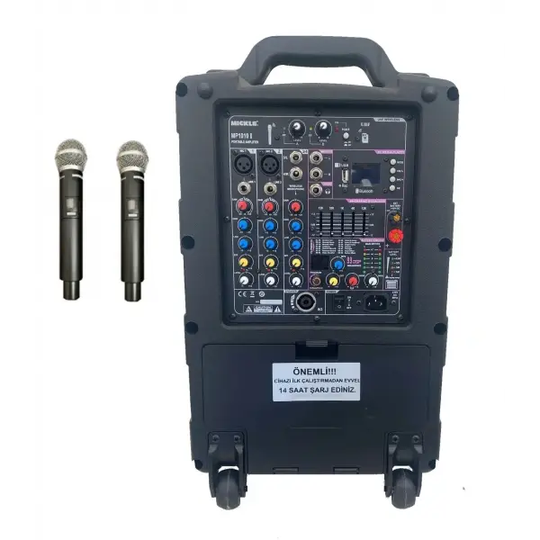 Mickle MP1012 2x10 inç Akülü Mobil Çift Hoparlörlü Ses Sistemi, Çift Mikrofon, 600/1200W 99 Dijital Efekt, Bluetooth