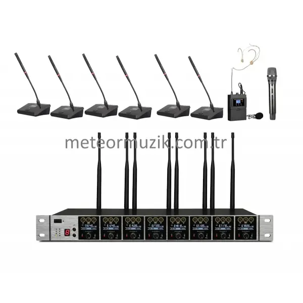 K.Meister UW-3825 8 Mikrofonlu Kablosuz Mikrofon Seti, 6 masa + 1 El + 1 Yaka + 1 Headset