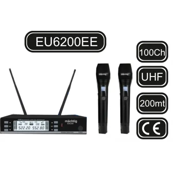 EU6200EE Çift EL Kablosuz Mikrofon Seti, 2x100 Kanal, 200-metre mesafe