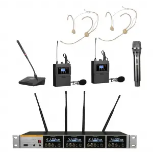 K.Meister UW-3426 4 Mikrofonlu Kablosuz Mikrofon Seti, 1 EL + 2 Yaka + 2 Headset + Kürsü