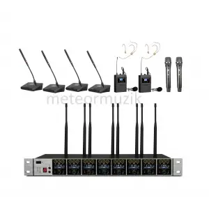 K.Meister UW-3800 8 Mikrofonlu Kablosuz Mikrofon Seti, 4 kürsü + 2 El + 2 Yaka + Headset