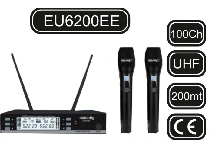 EU6200EE Çift EL Kablosuz Mikrofon Seti, 2x100 Kanal, 200-metre mesafe