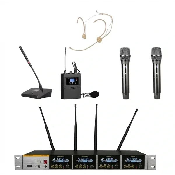 K.Meister UW-3435 4 Mikrofonlu Kablosuz Mix Set, 2 EL + 1 Yaka + 1Headset + 1 Kürsü