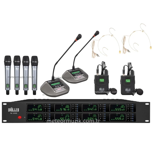 Wöller W-8000 8li Kablosuz Mikrofon Seti / 4 EL + 2 Kürsü + 2 Yaka + 2 Headset