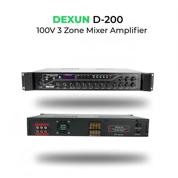 DEXUN D200 Mikser Amfi 100W/100V 3-zone volüm kontrol, USB/BT