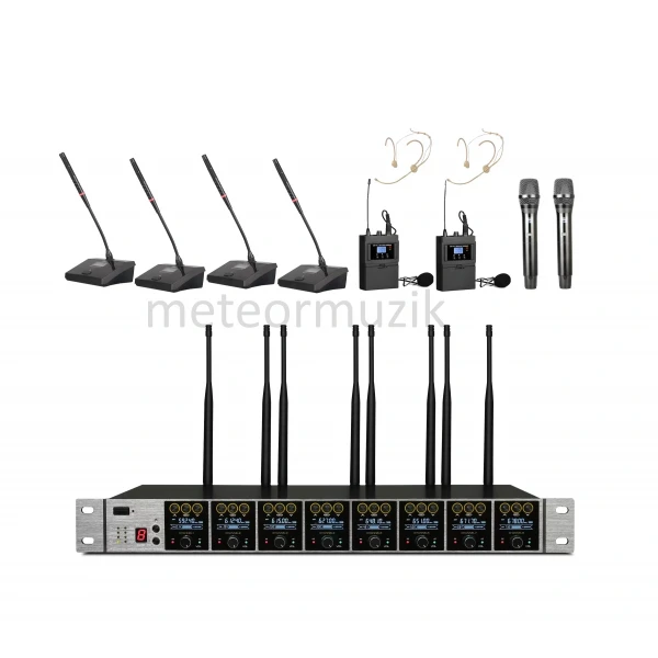 K.Meister UW-3800 8 Mikrofonlu Kablosuz Mikrofon Seti, 4 kürsü + 2 El + 2 Yaka + Headset