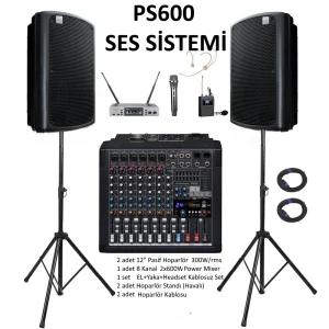 ERASET PS600 Ses Sistemi (BUNDLE) Powermixer + 2 adet 12 Pasif Hoparlör + Kablosuz Set