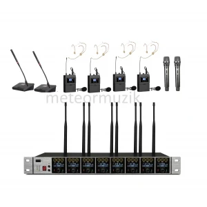 K.Meister UW-3810 8 Mikrofonlu Kablosuz Mikrofon Seti, 2 kürsü + 2 El + 4 Yaka + 4 Headset