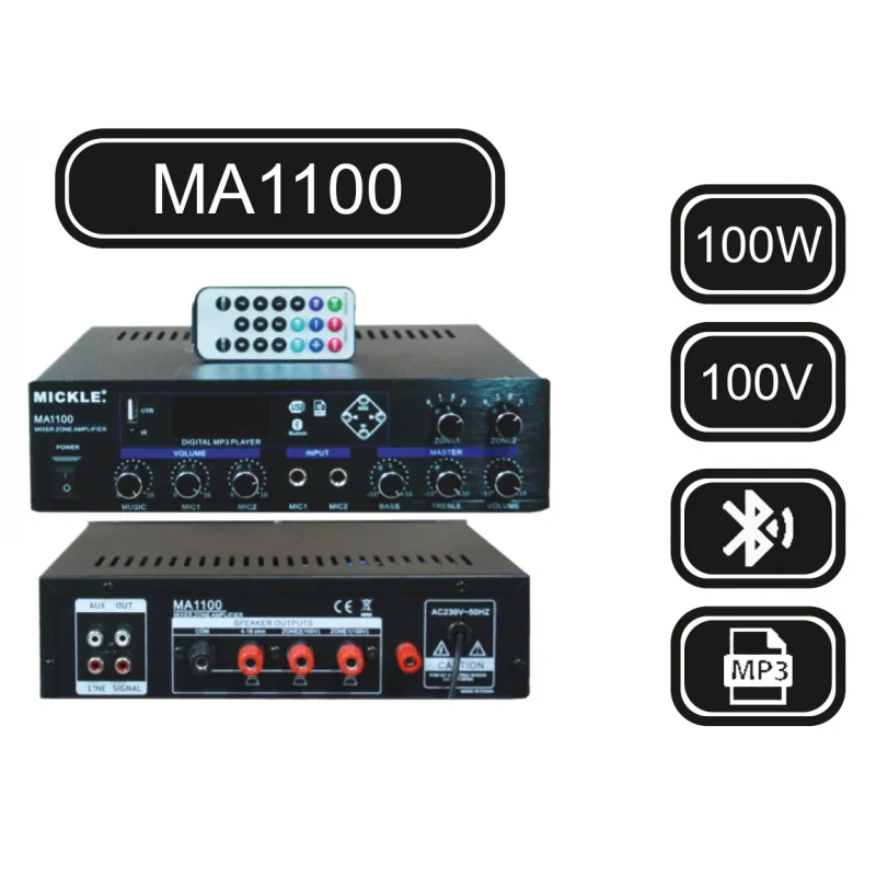 Mickle MA1100 100W 100V 2 Bölgeli Bluetooth Mikser Amplifikatör