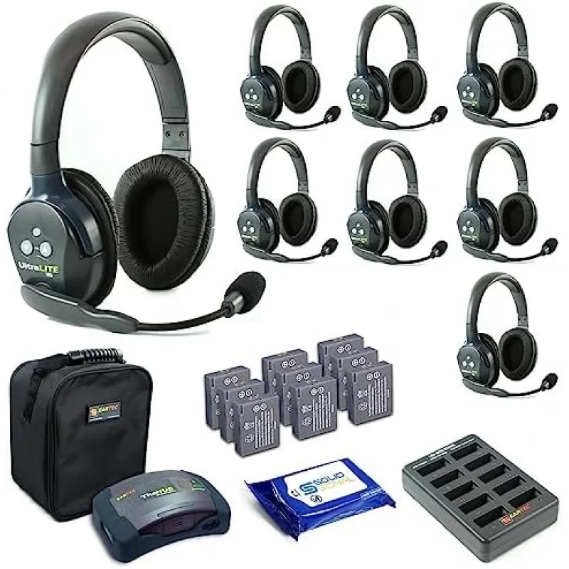 Eartec HUB8D UltraLITE & HUB 8 Kişilik Full Dublex Kablosuz interkom Sistemi, 8 Double Headset, batarya, şarj cihazı ve case | 400 metreye kadar iletişim