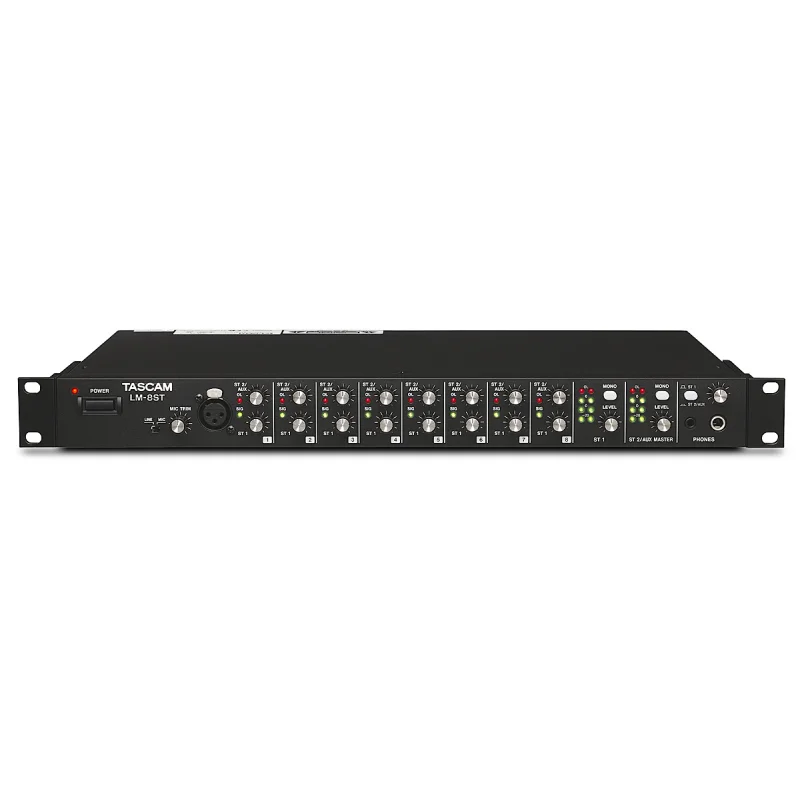 Tascam LM-8ST Line mixer, 8 stereo ins+mic/line in on front panel, 2 bal/unbal stereo outputs, 2 independent stereo busses, cascade I/O,