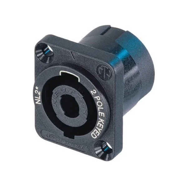 Neutrik NL2MD-V 2 pole chassis connector, black D-size flange, countersunk thru holes, vertical PCB mount.