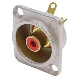 Neutrik NF2D-2 Phono socket in nickel D-shape housing, red isolation washers, solder version.