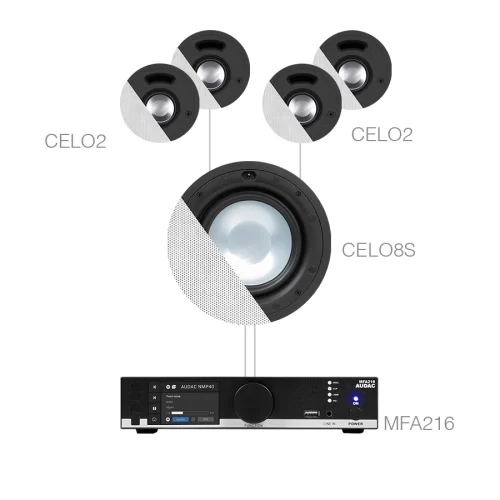 Audac CENTO2.5 200 m2 alan için Ses Sistemi MFA216 + 1 CELO8S + 4 x CELO2, Subwoofer ve 4 tavan hoparlörü