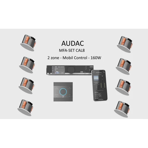 Audac MFA-SET CAL8, Network Tabanlı 2 Bölge ve Lokal Kontrollü Ses Sistemi, Mobil Kontrol, 160W/100V, CALI Serisi Tavan Hoparlörü ve MFA 216 ile