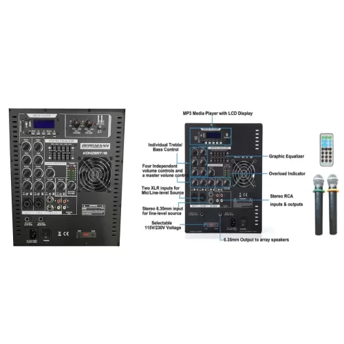 Bergmann SUB-16 15 Compact Active Sub and Mixer Dual Amp 1000W (500W+500W),2xWireless Microphone