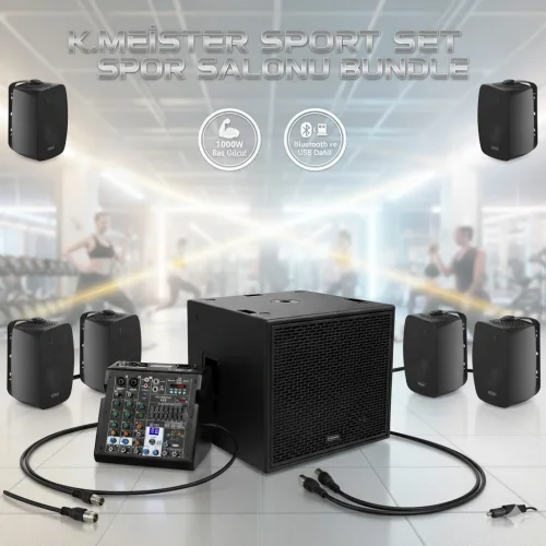 K.Meister SPORT-PA-SET Hazır Ses Sistemi Bundle, 6 Uydu + 1 Sub + Mixer , Bluetooth, USB