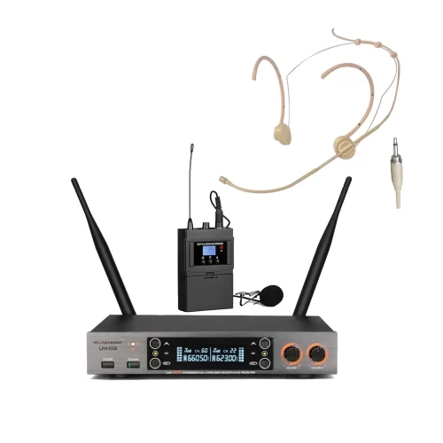 K.Meister UW-102H  Yaka + Headset Kablosuz Mikrofon Seti, 200-Kanal Anfi Feedback