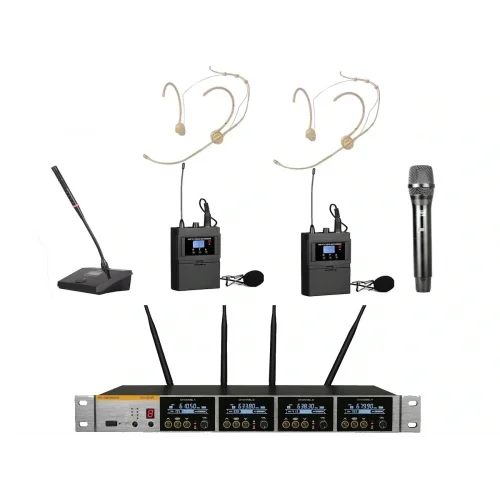 K.Meister UW-3415 4 Mikrofonlu Kablosuz Mix Set, 1 EL + 2 Yaka + Headset + Kürsü