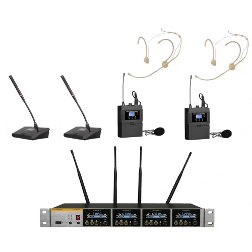 K.Meister UW-3425 4 Mikrofonlu Kablosuz Mix Set, ( 2 Yaka + Headset + 2 Kürsü )